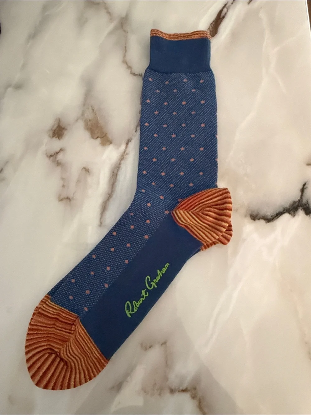 Robert Graham Blue Polka Dot Crew Socks with Rust Accents
